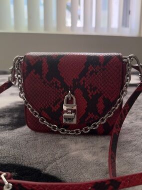 Rebecca Minkoff Red and Black Snake-Print Crossbody with Silver Chain